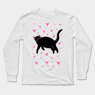 Cute black cat with hearts . Valentine illustration Long Sleeve T-Shirt